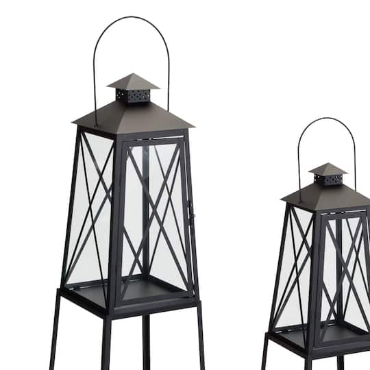 Black Traditional Metal Lantern with Tapered Stand Set